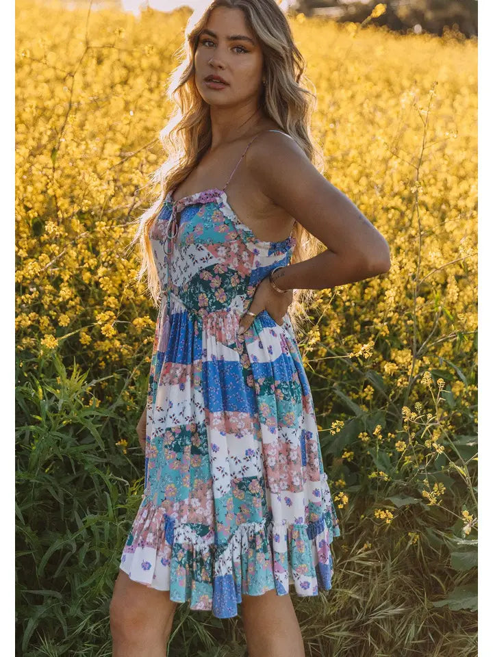 Bohemian Floral Patchwork Tiered Mini Dress