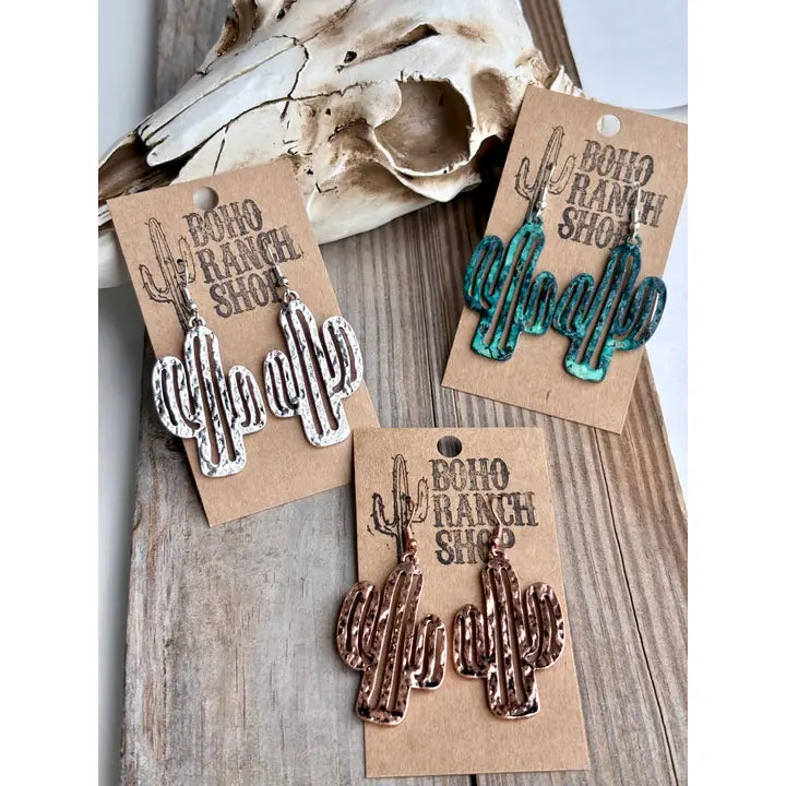 Hammered Western Cactus Dangle Earrings