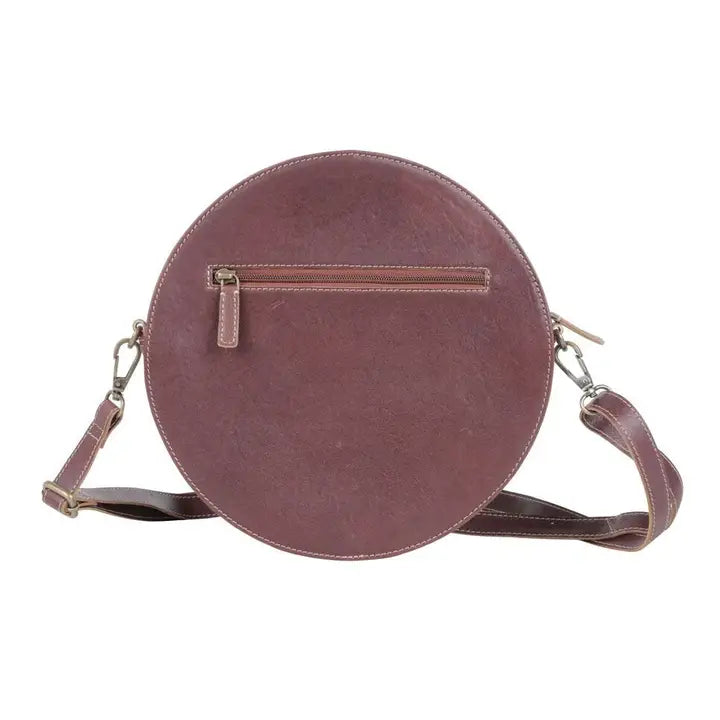 Cowhide Hand Tooled Leather Round Crossbody Shoulder Bag