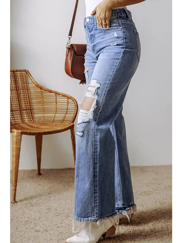 Distressed Raw Hem Straight Leg High Waist Jeans