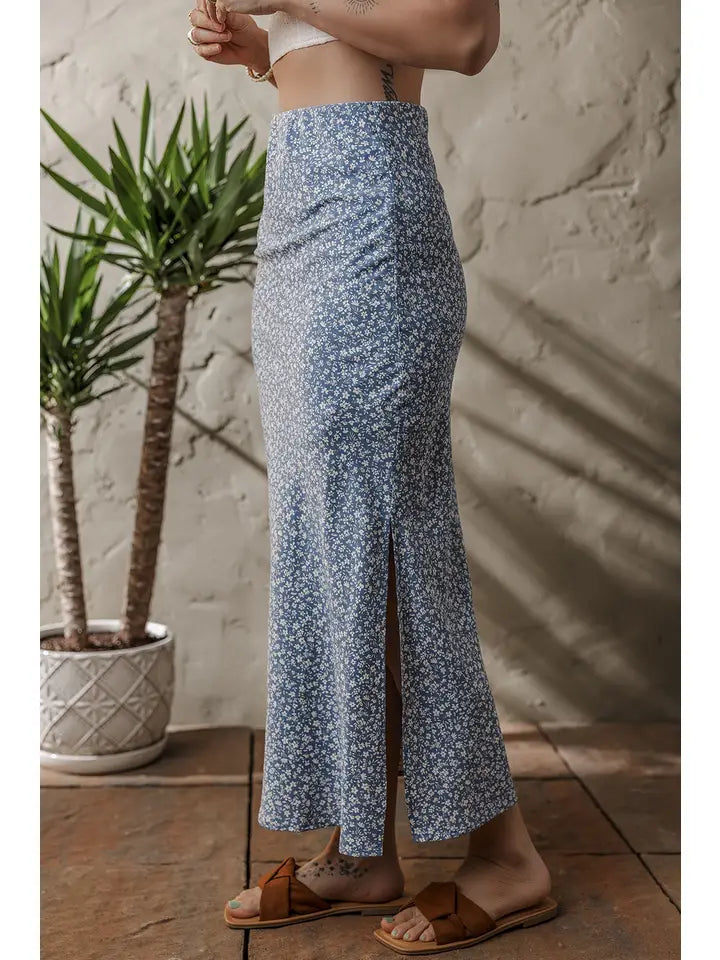Floral High Waist Long Skirt w/ Side Split