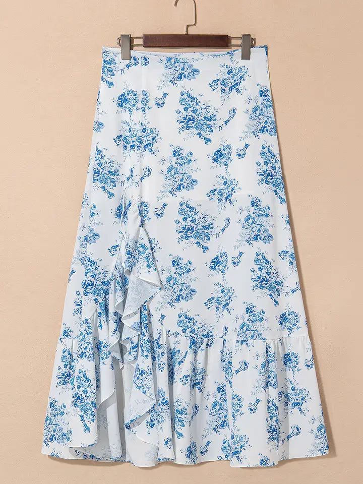 Sky Blue Floral Ruffle Split Maxi Skirt