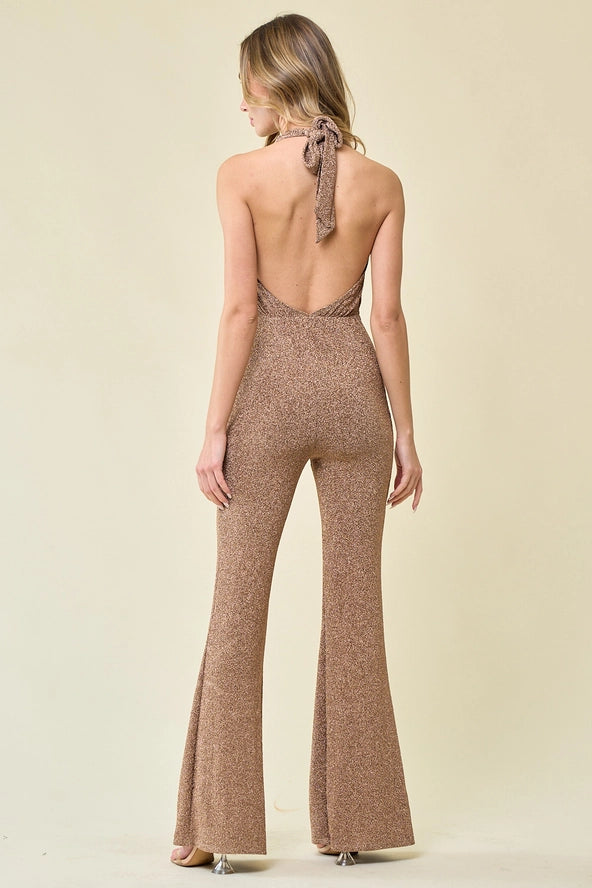 Western Metallic Halter Neck Flare Jumpsuit