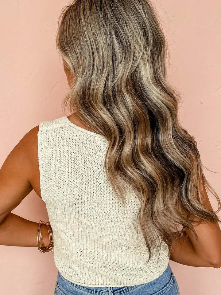 Beige Lace-Up Front V Neck Sweater Vest