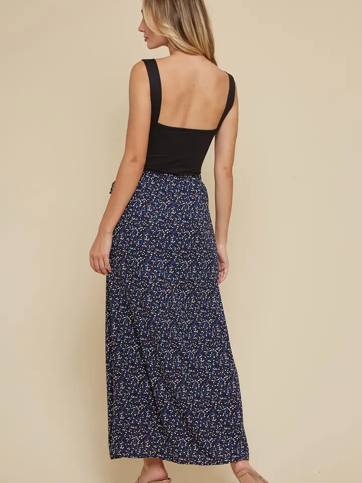Navy Wrap Midi Skirt with Side Slit