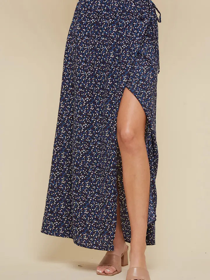 Navy Wrap Midi Skirt with Side Slit