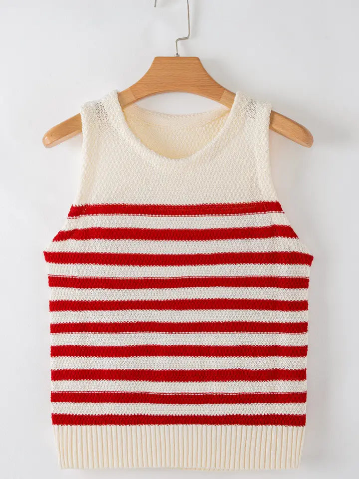 Red Stripe Textured Knit Ribbed Hem Sweater Tank Top