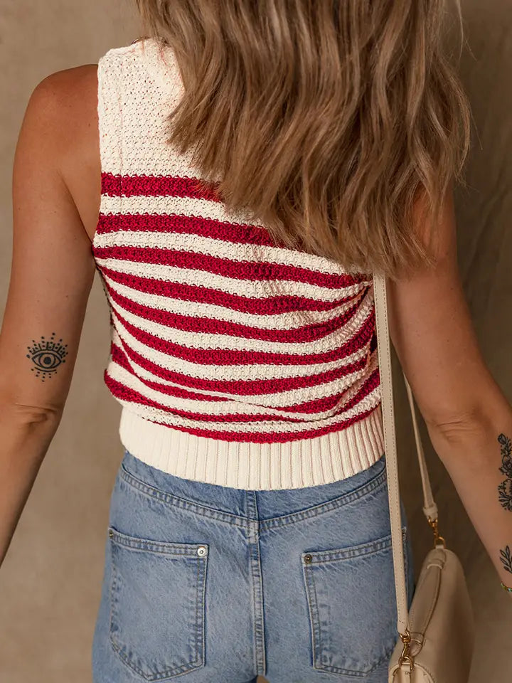 Red Stripe Textured Knit Ribbed Hem Sweater Tank Top