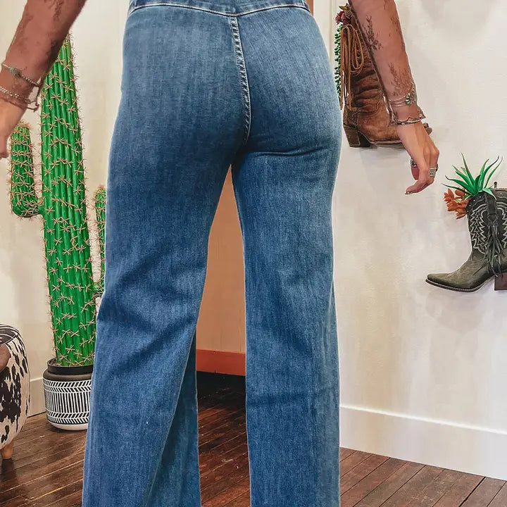 Sail Blue High Waist Button Flare Jeans