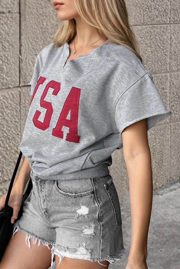 Multicolor Lettering USA Patch Notched Neck Loose Tee
