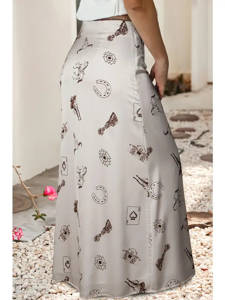 Western Print Satin Long Skirt