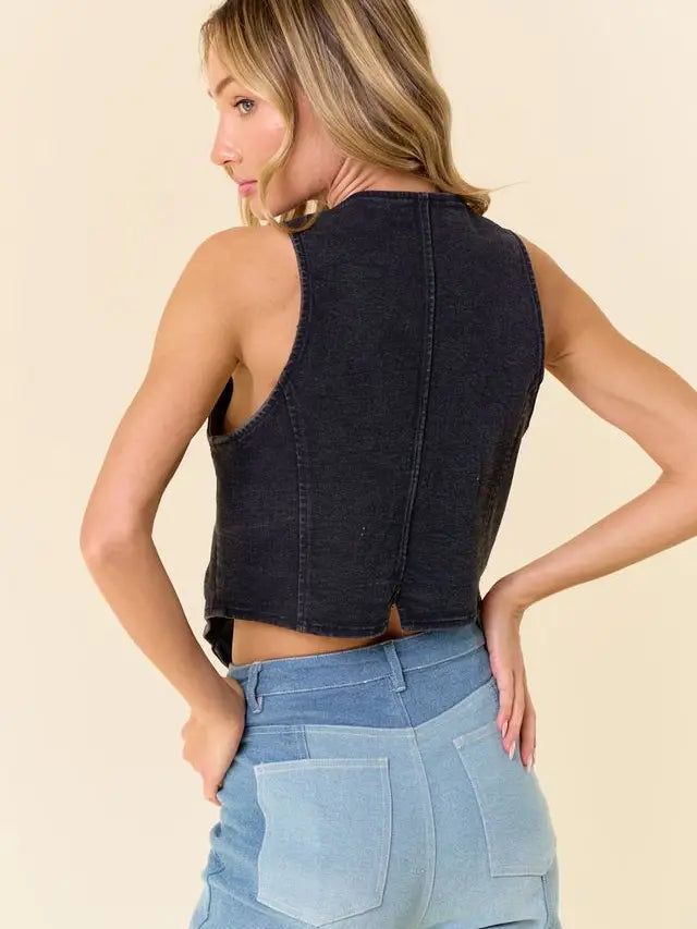 Black Button Down Denim Vest