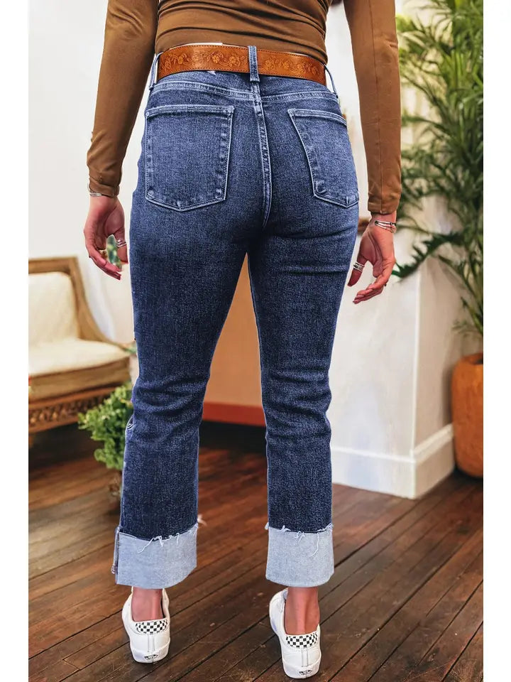 Western Folded Cuffs Distressed High Waist Jeans
