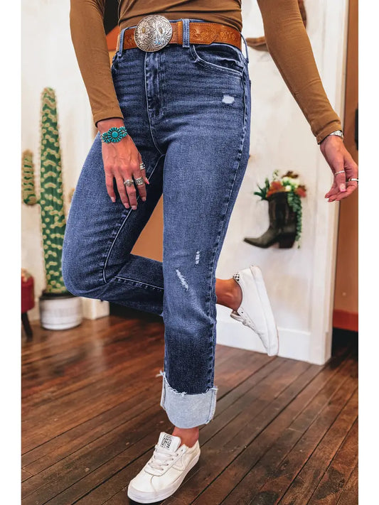 Western Folded Cuffs Distressed High Waist Jeans