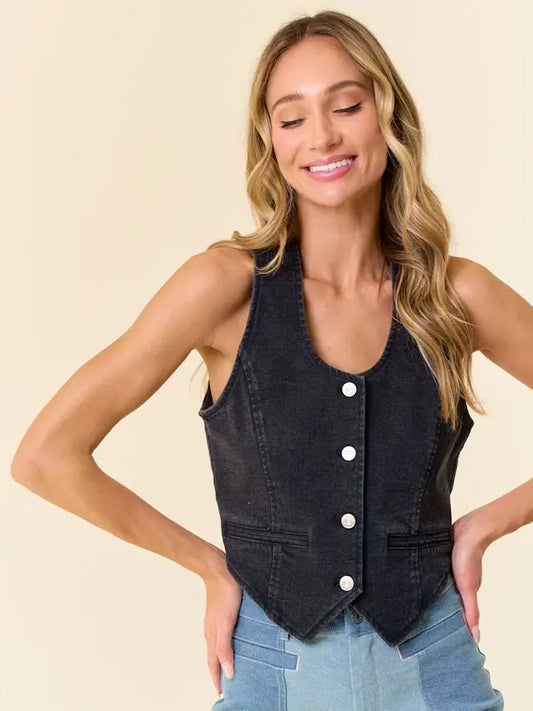 Black Button Down Denim Vest