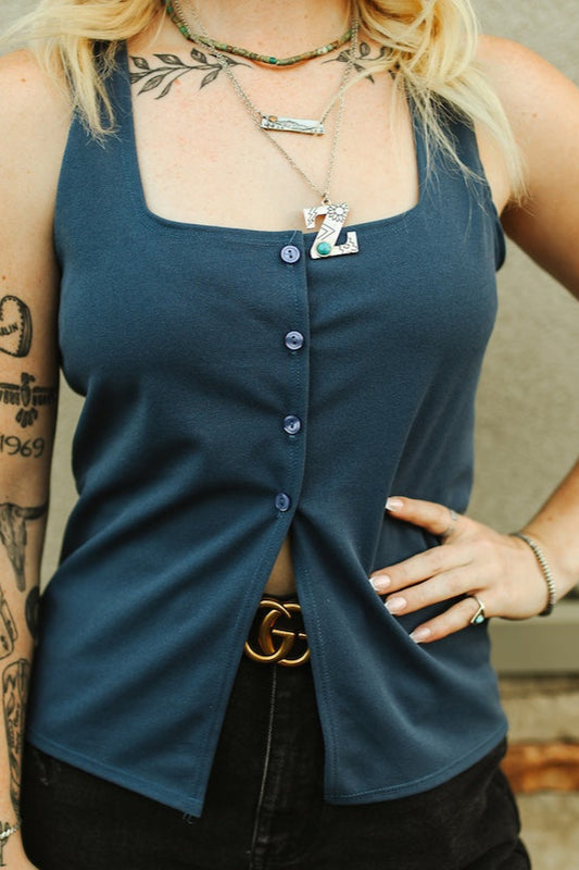 Denim Blue Stretch Button Down Sleeveless Vest