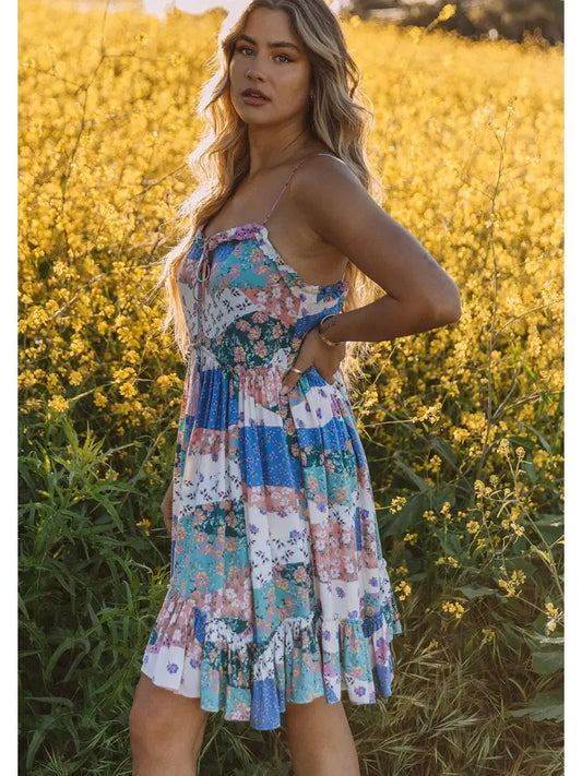 Bohemian Floral Patchwork Tiered Mini Dress