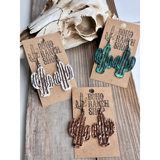 Hammered Western Cactus Dangle Earrings