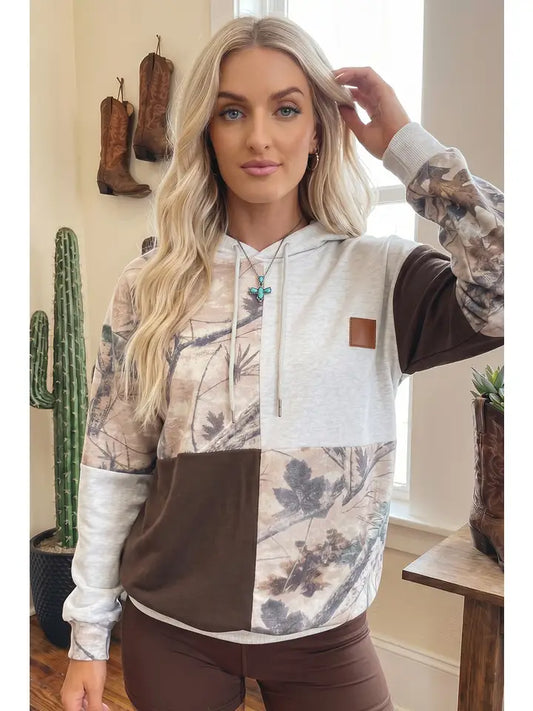 Camouflage Patchwork Drawstring Hoodie