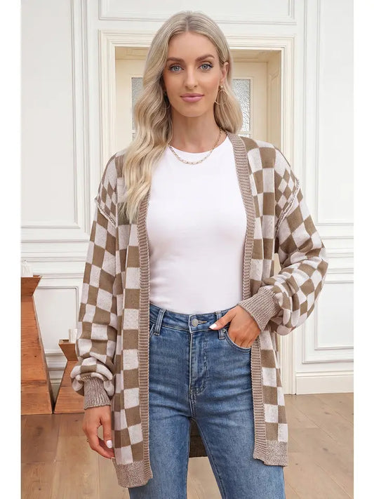 Checkered Open Front Cardigan