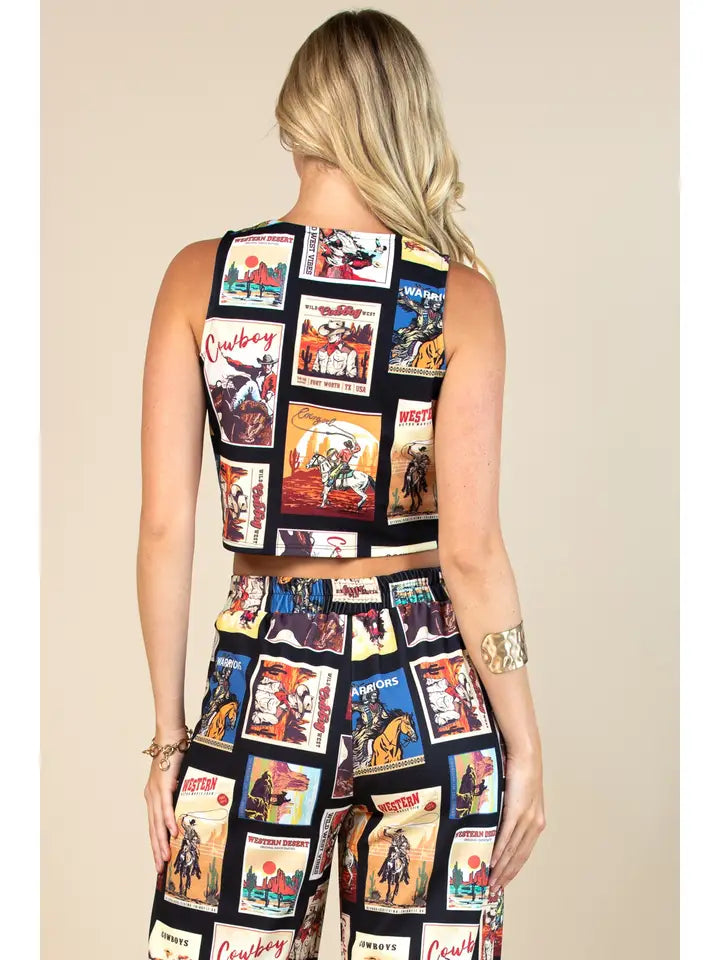 Western Cowboy Stamps Print Vest Top