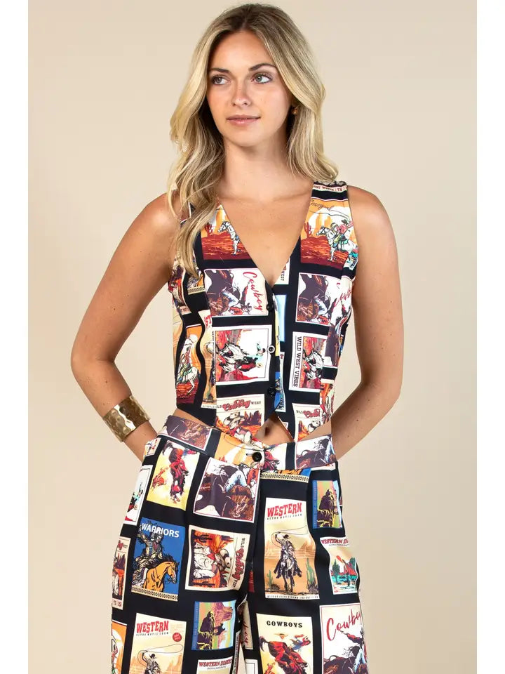 Western Cowboy Stamps Print Vest Top