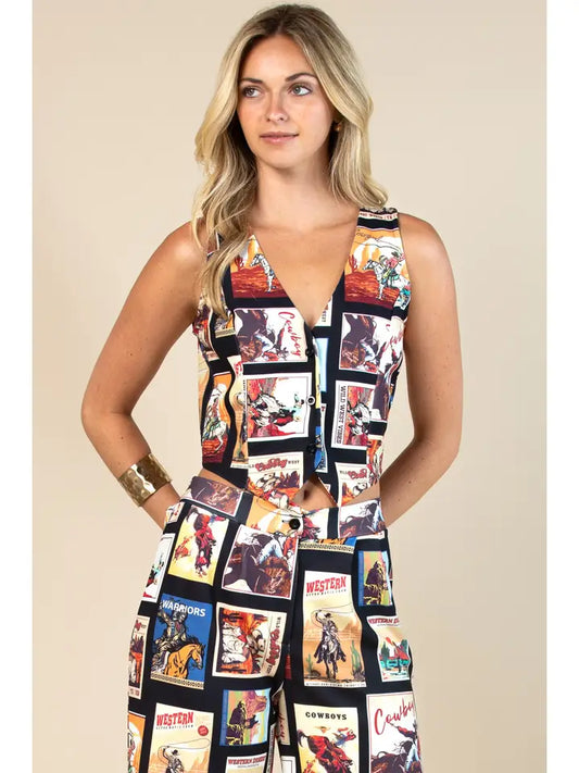 Western Cowboy Stamps Print Vest Top