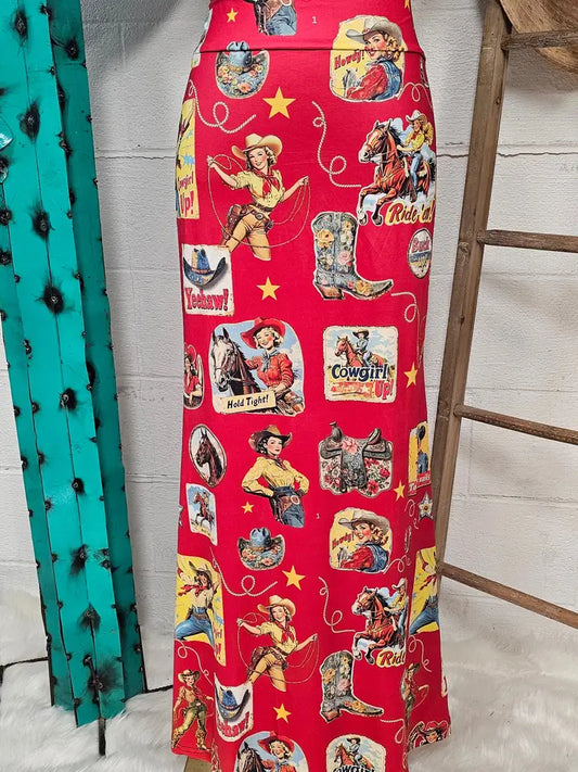 Vintage Cowgirl Collage Western Maxi Skirt