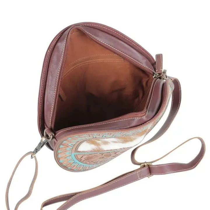 Cowhide Hand Tooled Leather Round Crossbody Shoulder Bag