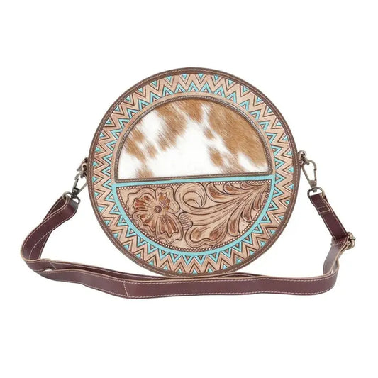 Cowhide Hand Tooled Leather Round Crossbody Shoulder Bag