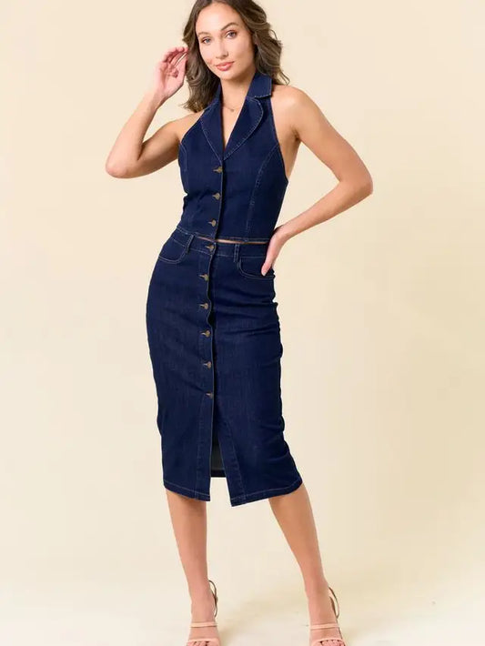 Dark Wash Halter Neck Denim Vest
