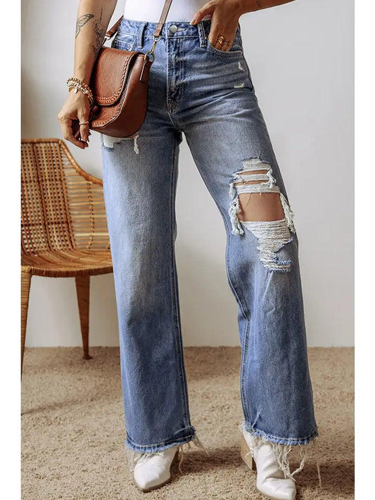 Distressed Raw Hem Straight Leg High Waist Jeans