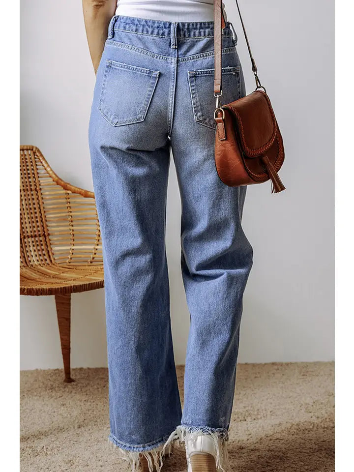 Distressed Raw Hem Straight Leg High Waist Jeans
