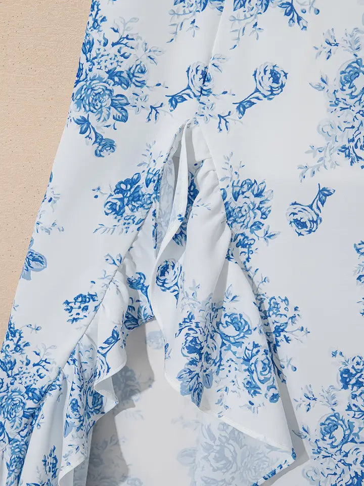 Sky Blue Floral Ruffle Split Maxi Skirt