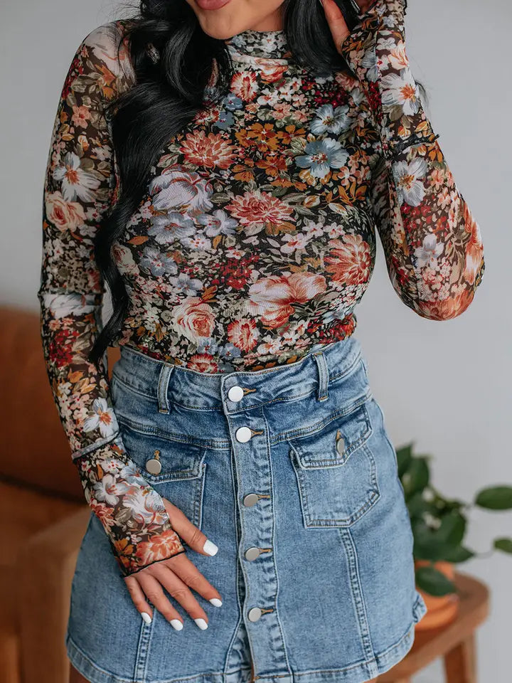 Floral Long Sleeve High Neck Mesh Blouse