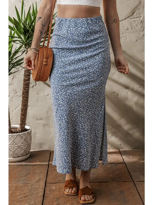 Floral High Waist Long Skirt w/ Side Split