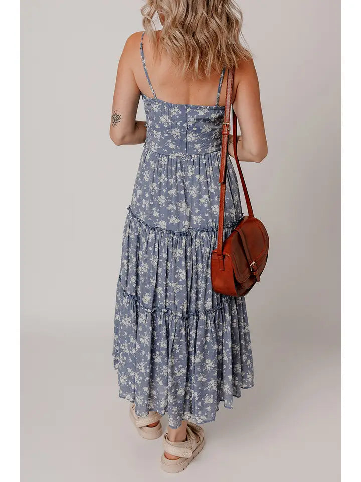 Blue Floral Spaghetti Midi Dress