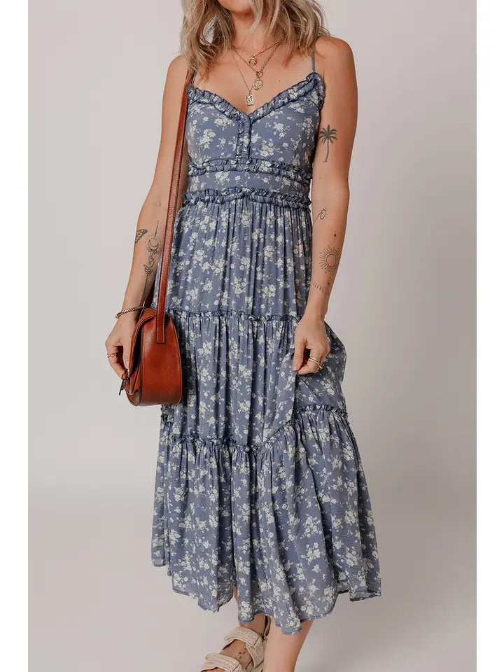 Blue Floral Spaghetti Midi Dress