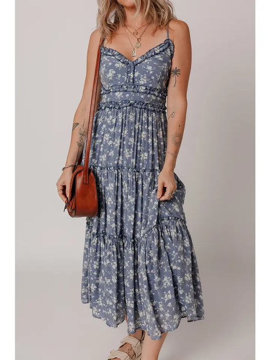 Blue Floral Spaghetti Midi Dress