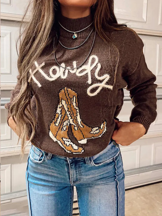 Coffee Western Howdy Boot Graphic High Neck Sweater