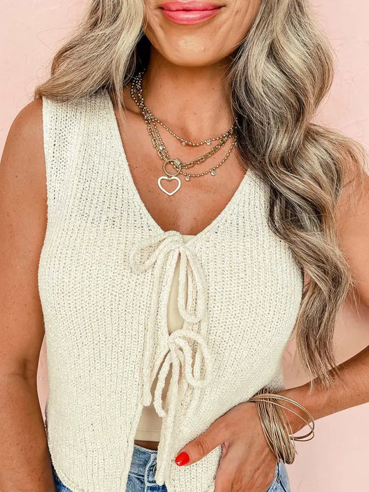 Beige Lace-Up Front V Neck Sweater Vest