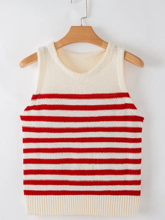 Red Stripe Textured Knit Ribbed Hem Sweater Tank Top