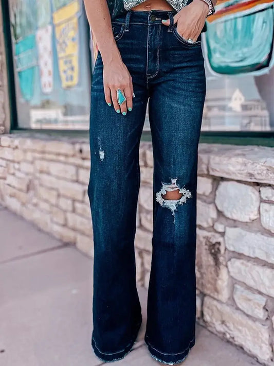 Real Teal High Rise Ripped Bell Bottom Jeans