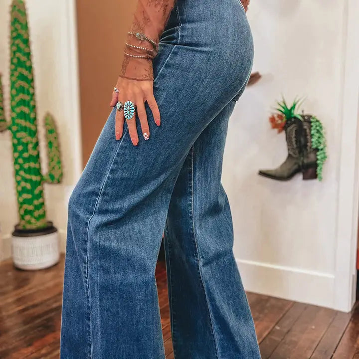 Sail Blue High Waist Button Flare Jeans