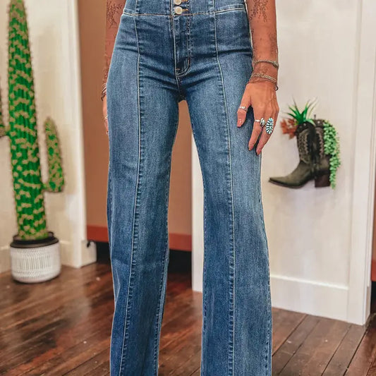 Sail Blue High Waist Button Flare Jeans