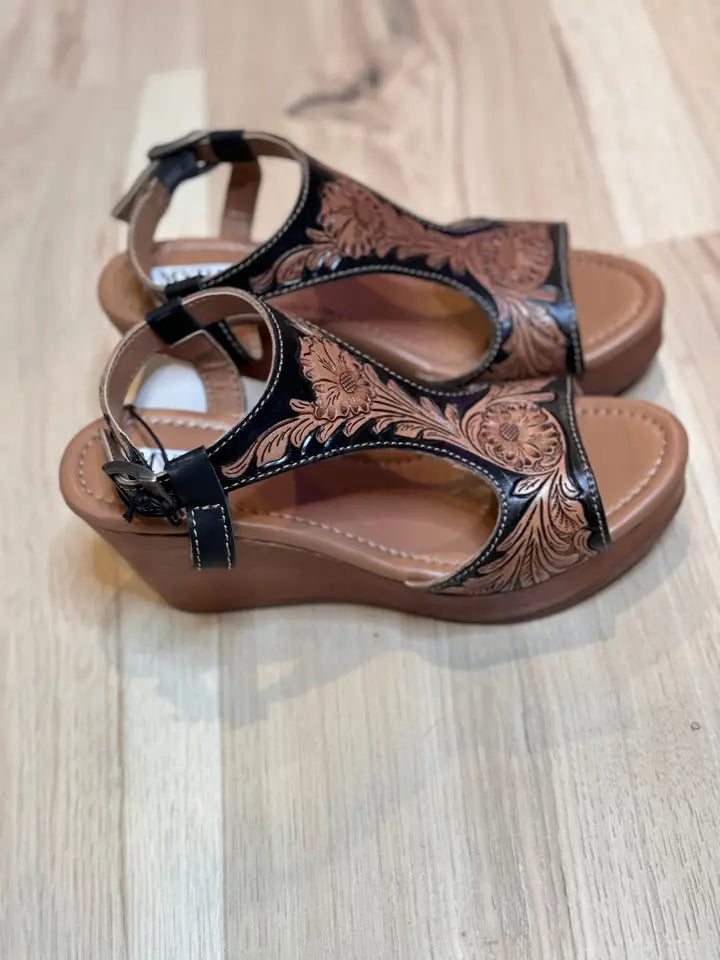 Tooled Leather Wedge Sandal