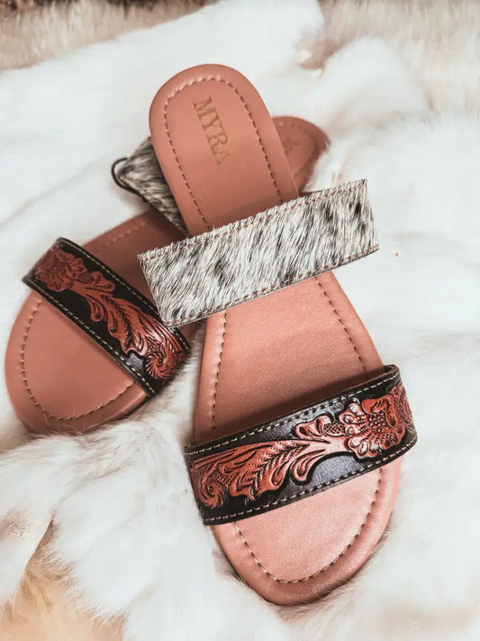 Tooled Leather Cowhide Flat Sandals