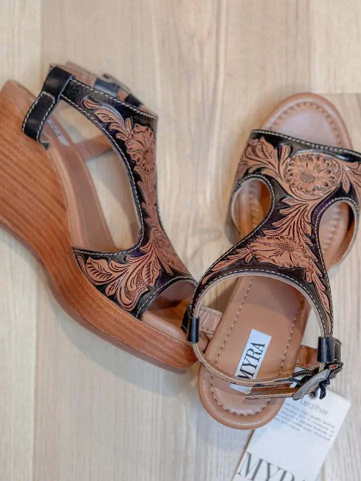 Tooled Leather Wedge Sandal