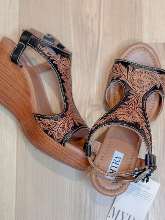 Tooled Leather Wedge Sandal