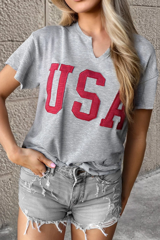 Multicolor Lettering USA Patch Notched Neck Loose Tee